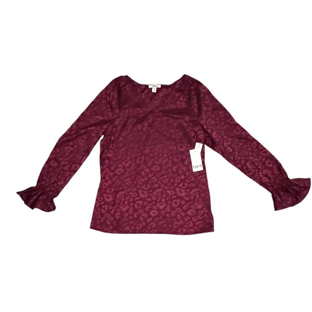 NEW Bar III Plus Size Animal Jacquard Blouse Ruffle Sleeve Size XS Maroon - Picture 3 of 8